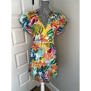 Boston Proper Abstract Bright Tropical Tiered Shift Sundress Flutter Sleeve Sz S